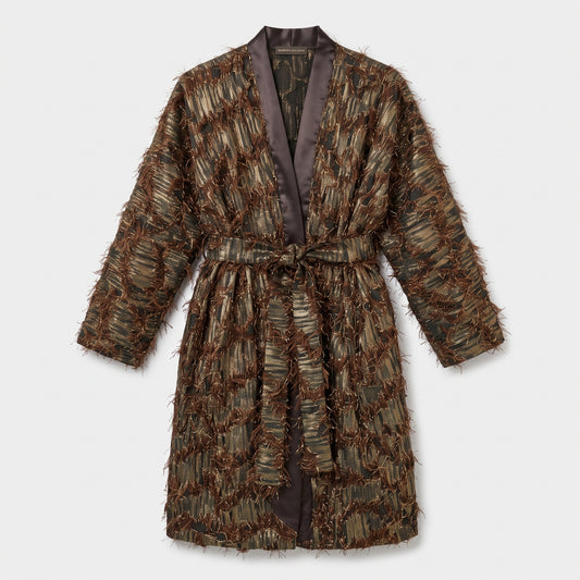Metallic Fringed Belted Kimono Coat