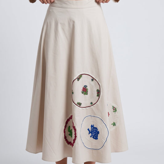 Embroidered Floral Beige Midi Skirt
