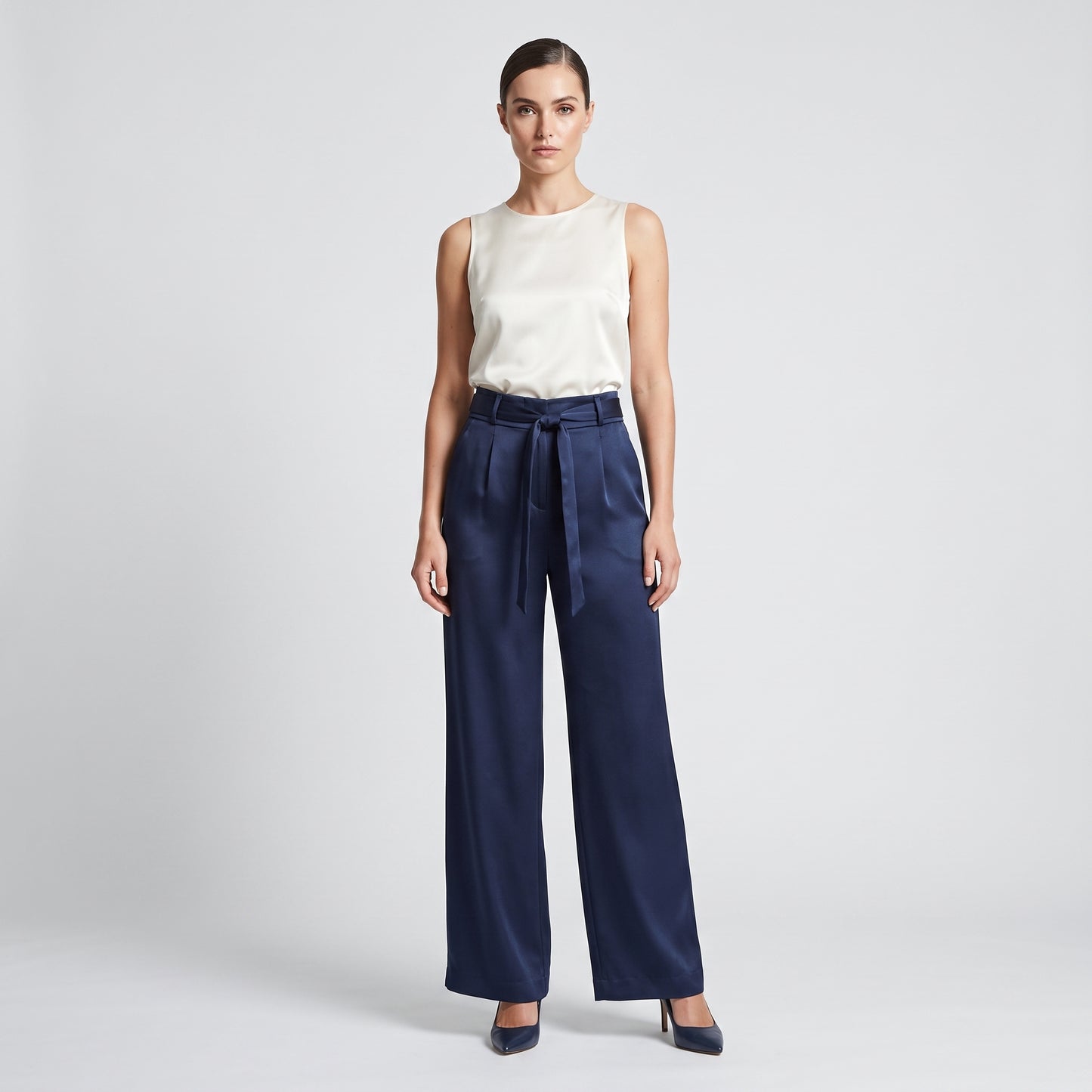 Navy Tie-Waist Wide Leg Trousers