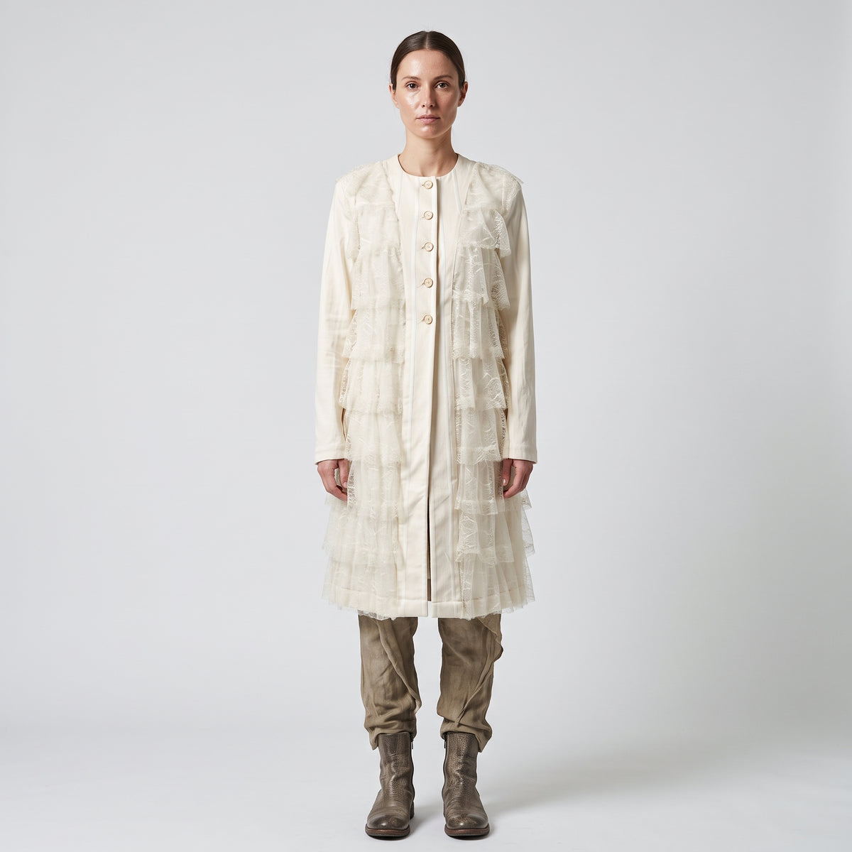 Tiered Ruffled Cream Long Jacket