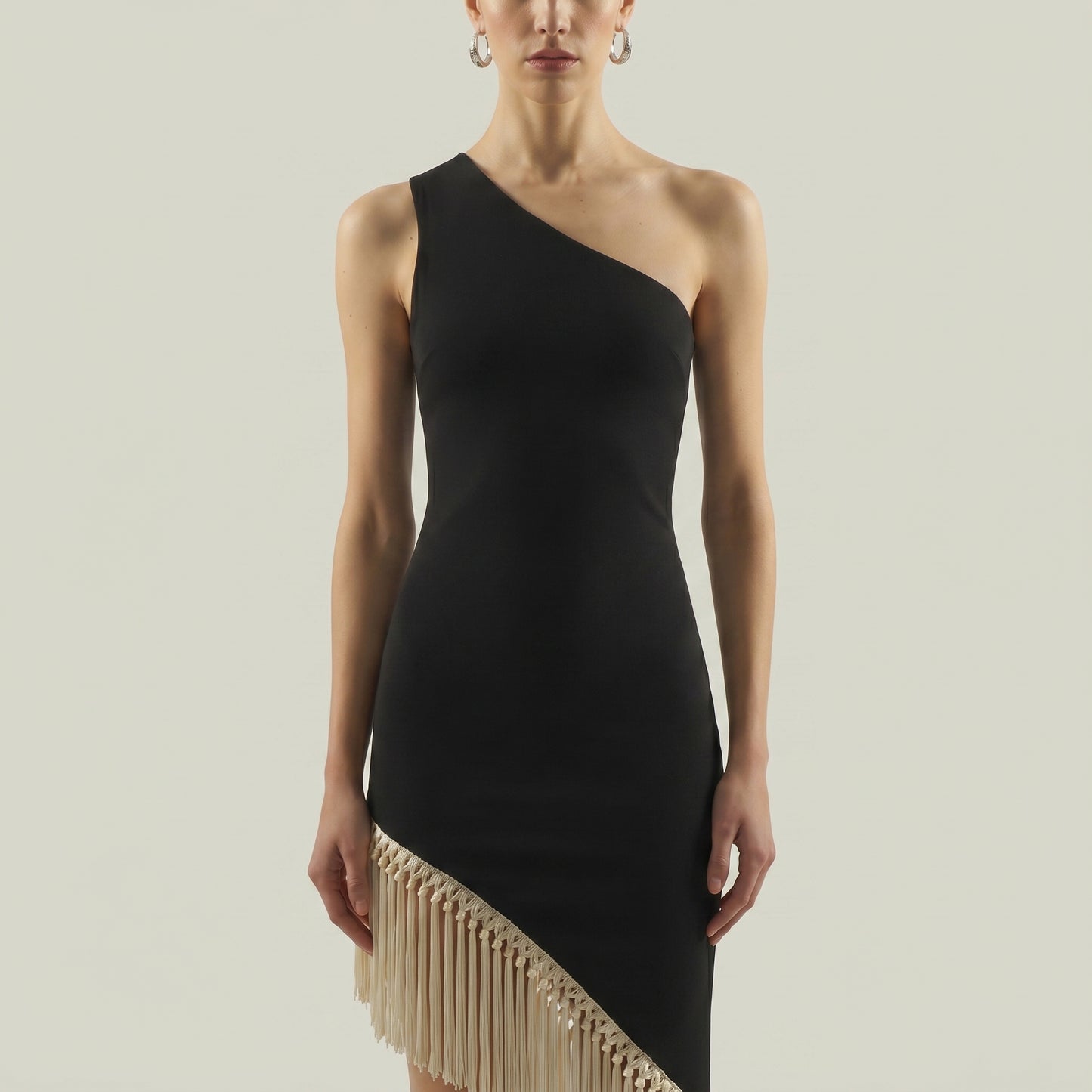 One-Shoulder Fringe Midi Dress