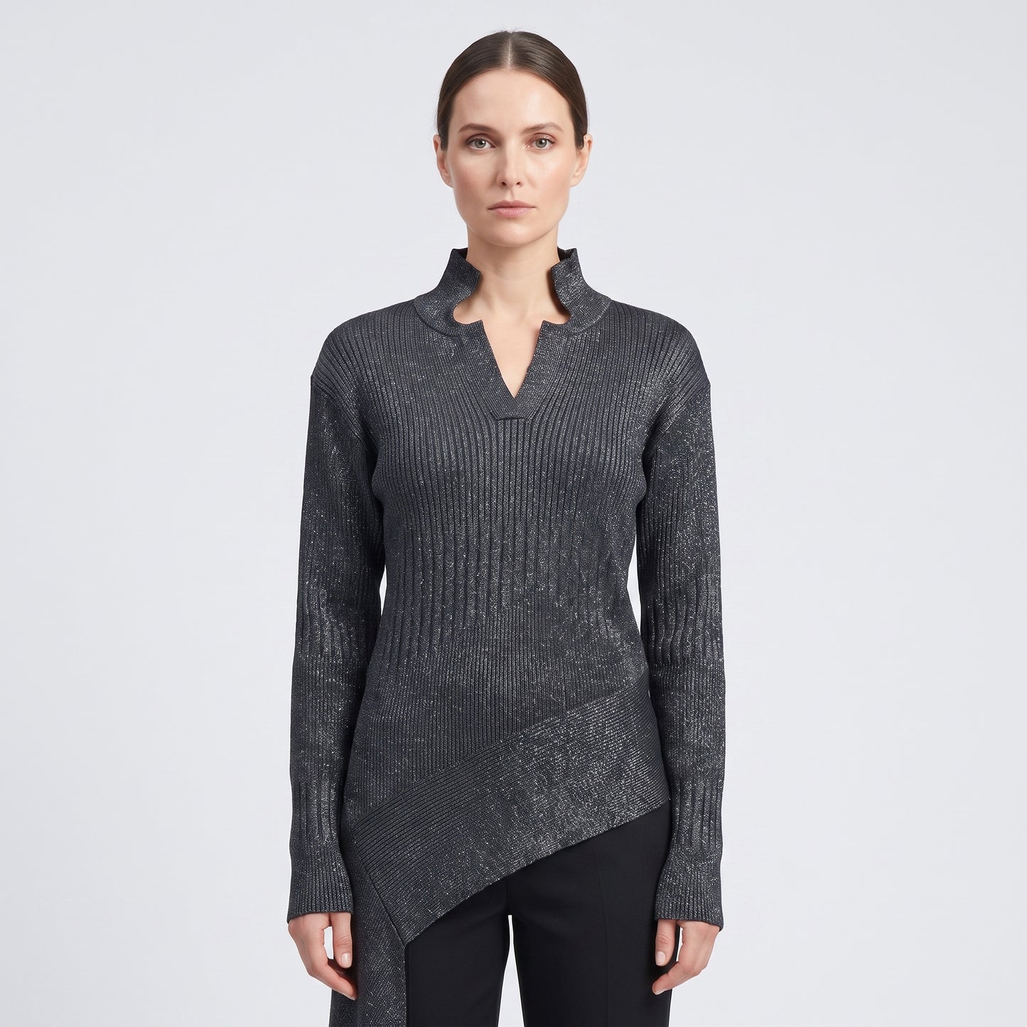 Metallic Ribbed Asymmetric Sweater
