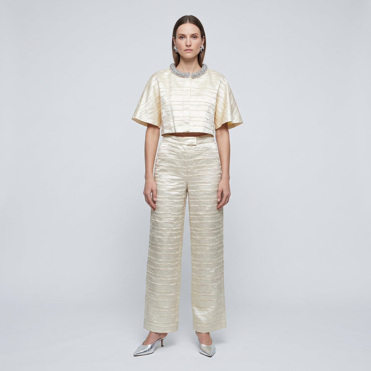 Metallic Crinkled Wide-Leg Trousers