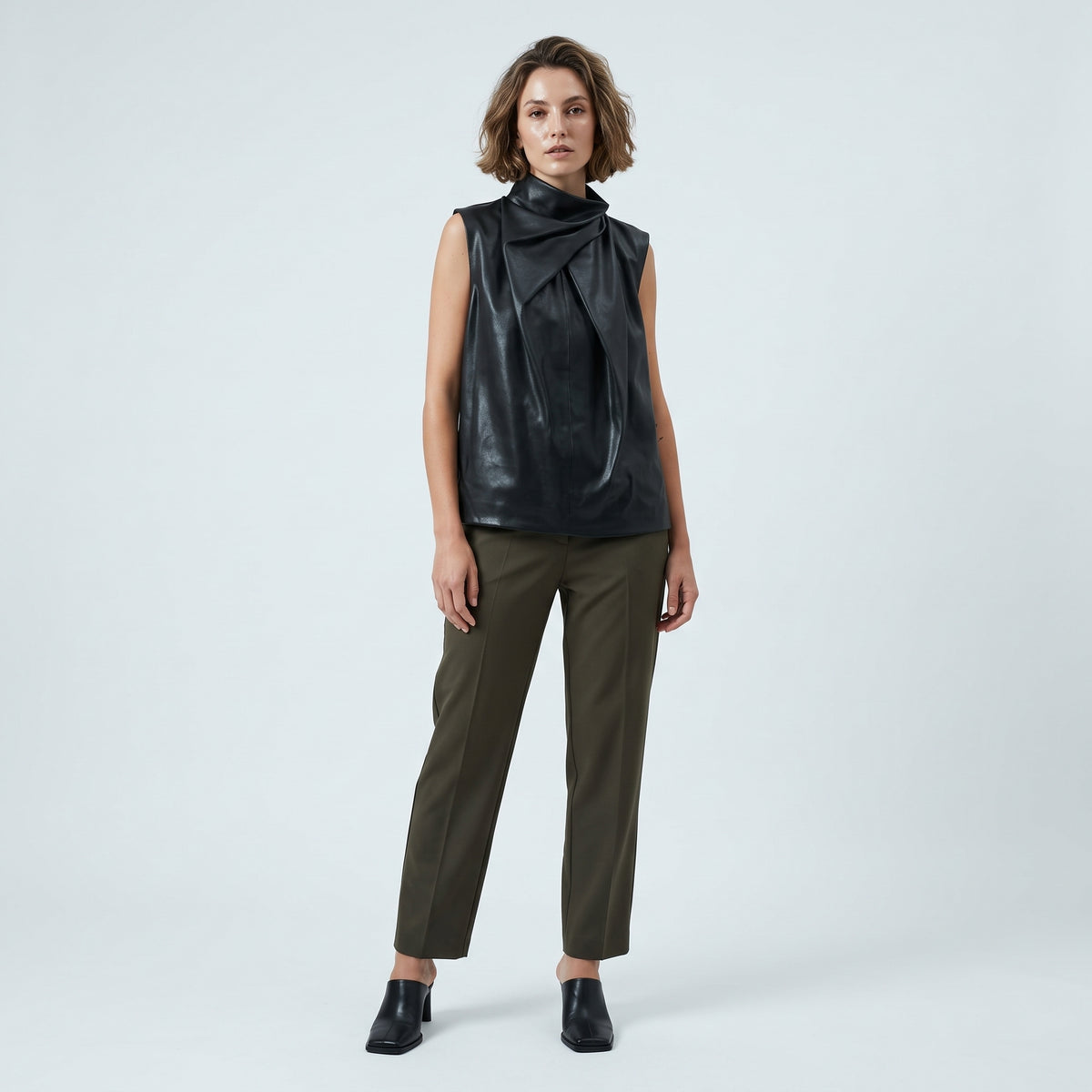 Draped Faux Leather Mockneck Vest