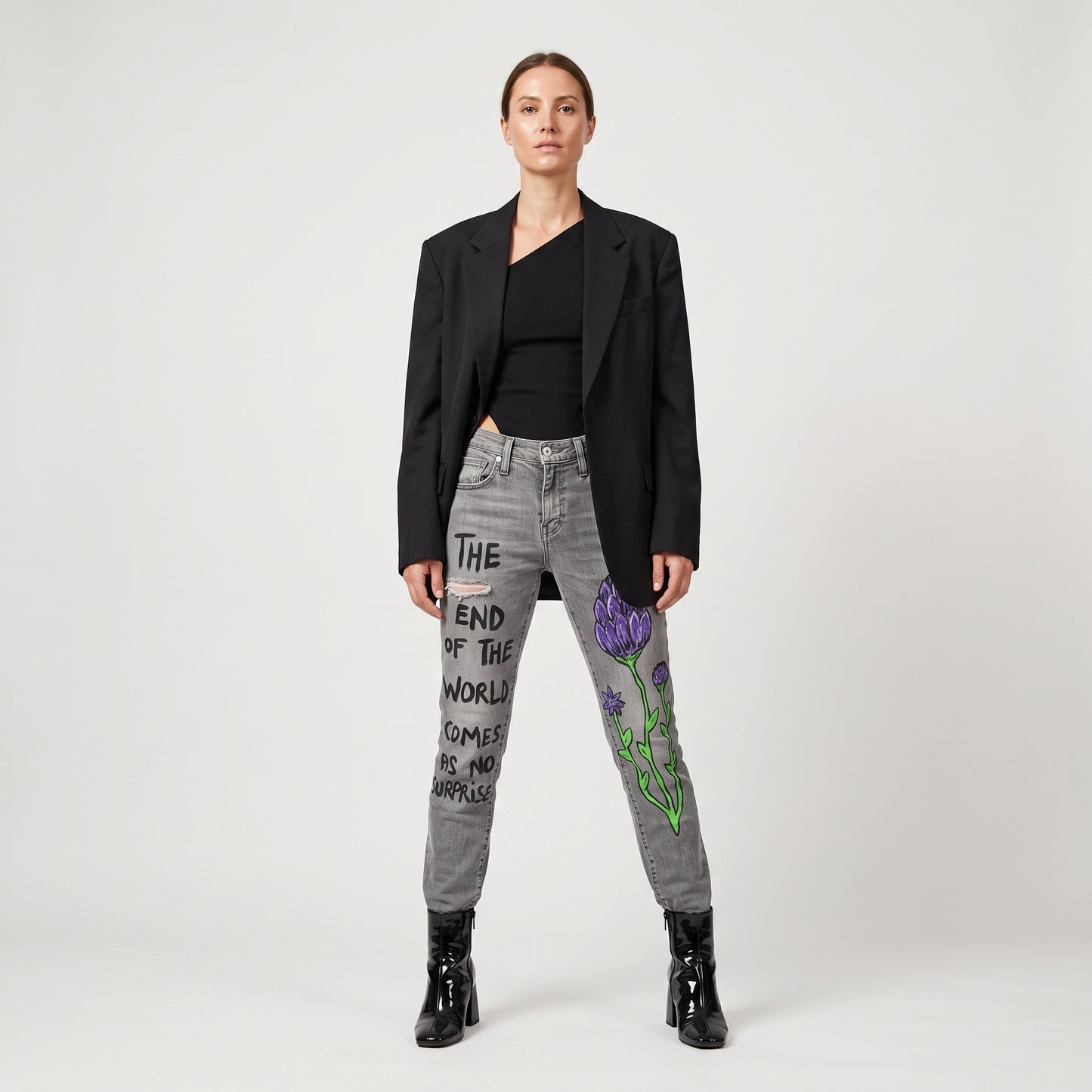 Graphic Printed Grey Denim Jeans