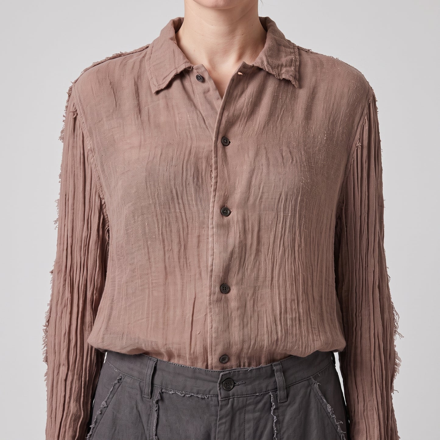 Pleated Sleeve Linen Button-Down Shirt