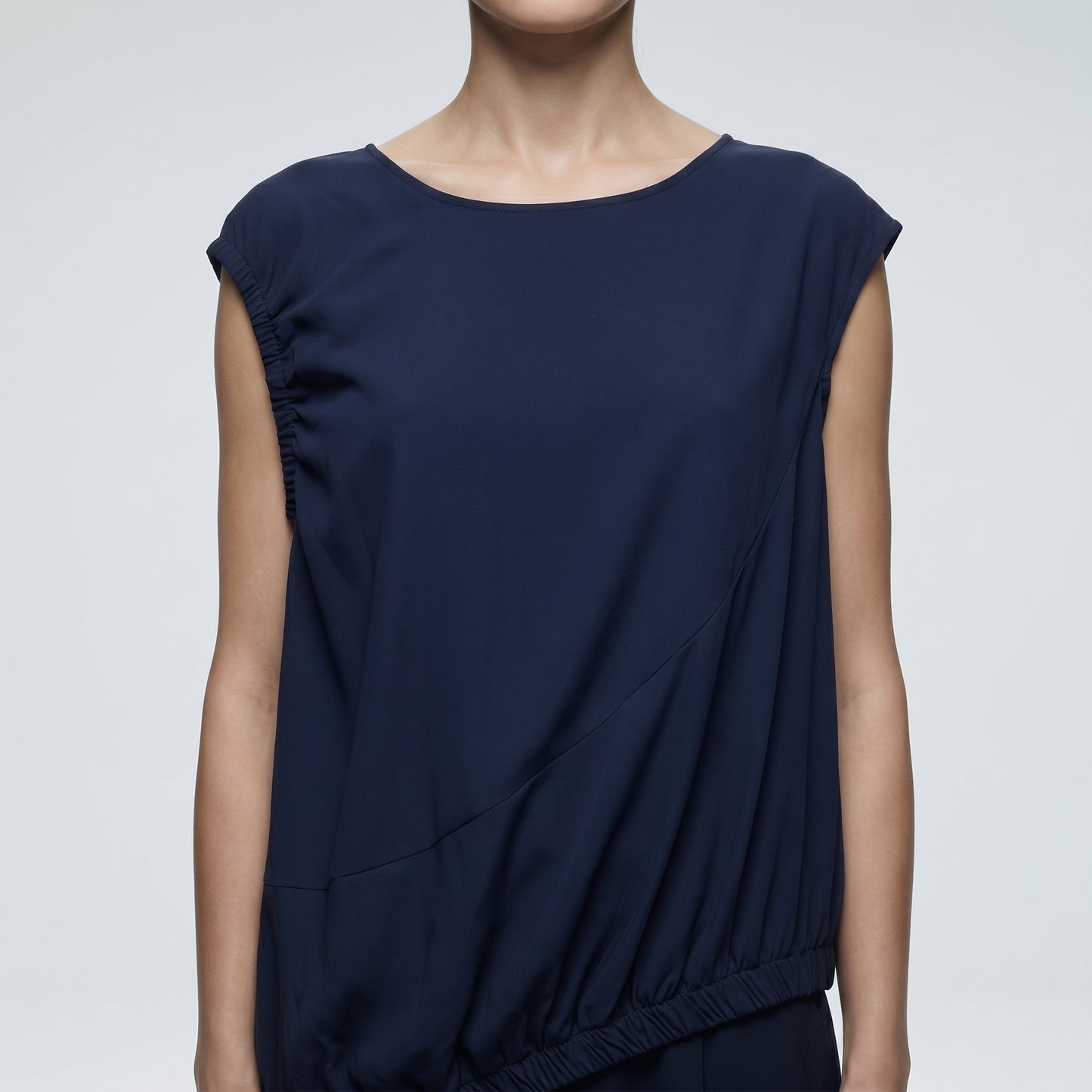 Asymmetric Navy Gathered Shell Top
