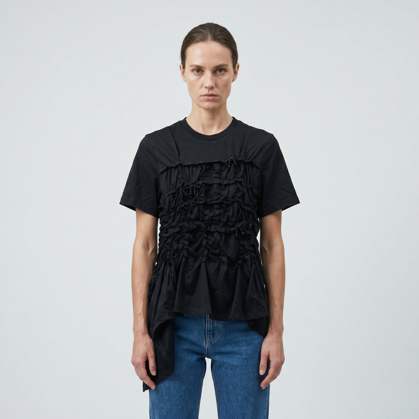 Ruched Bow Embellished Cotton Tee