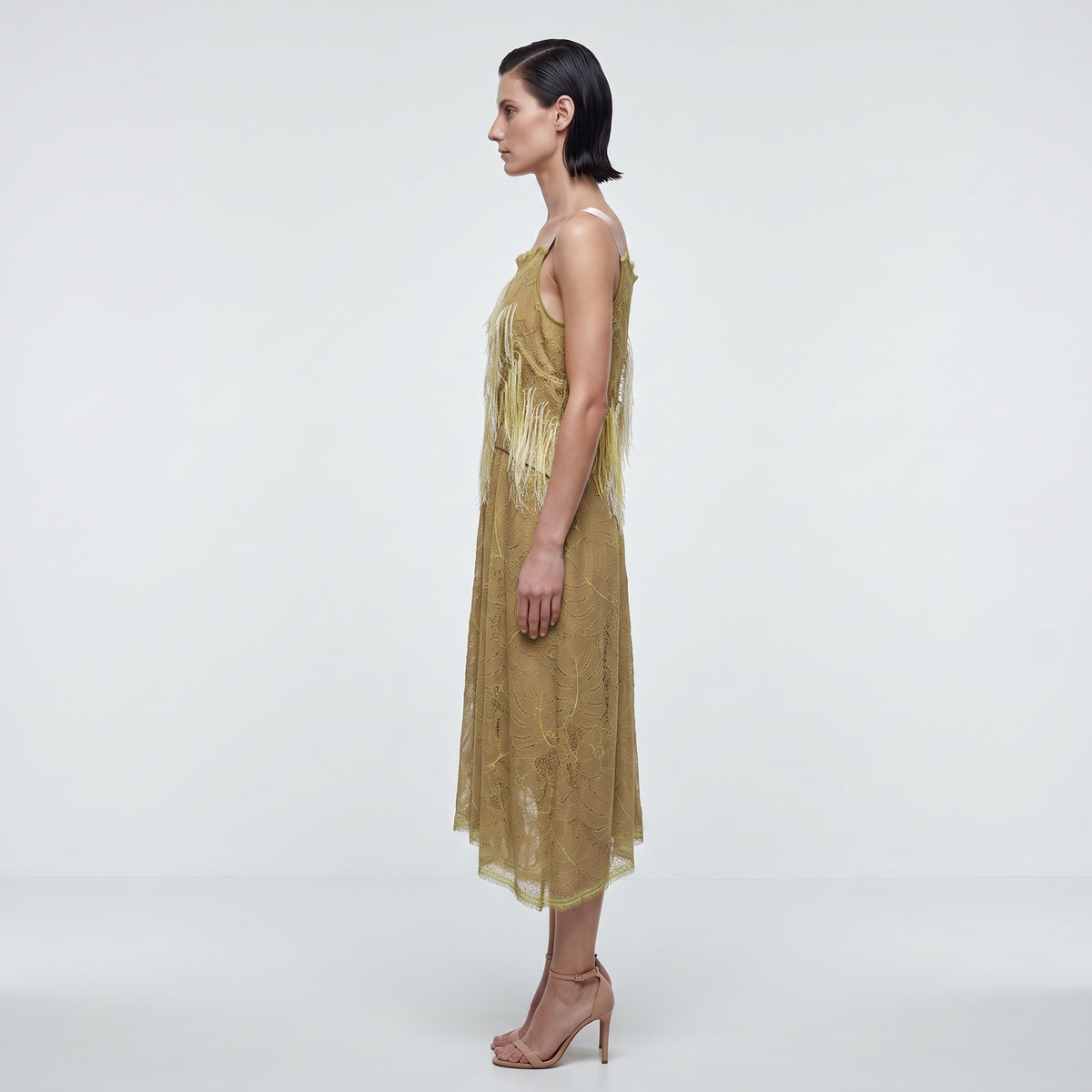 Embellished Fringed Lace Midi Dress