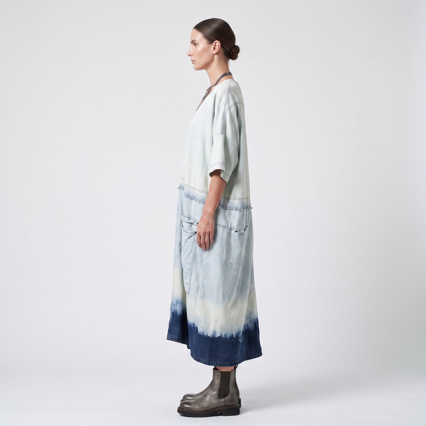 Ombre V-Neck Denim Midi Dress