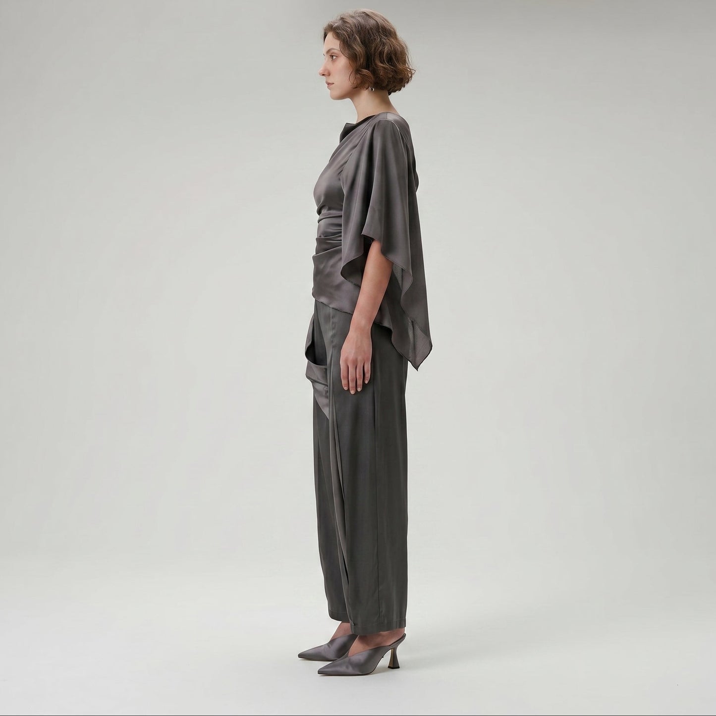 Asymmetric Draped Satin Blouse