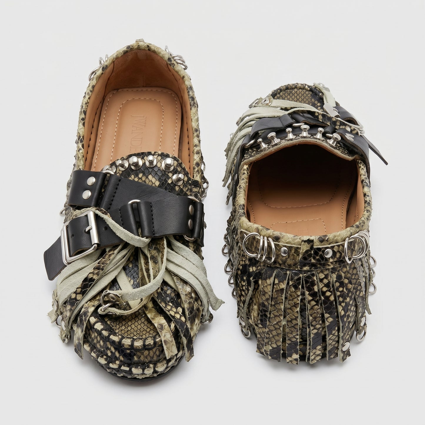 Studded Snakeskin Fringe Loafers