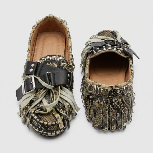 Studded Snakeskin Fringe Loafers