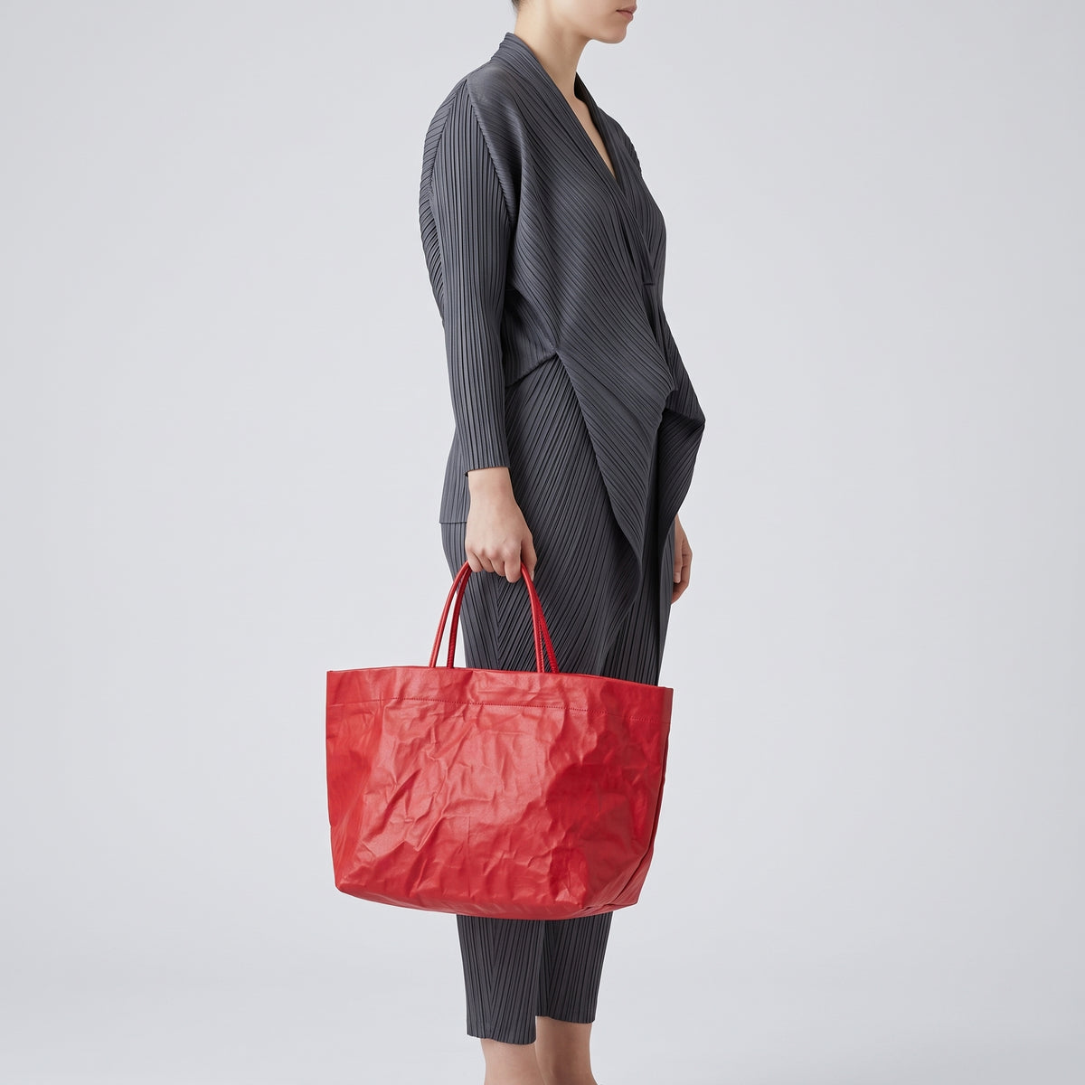 Red Crinkled Textured Tote Bag