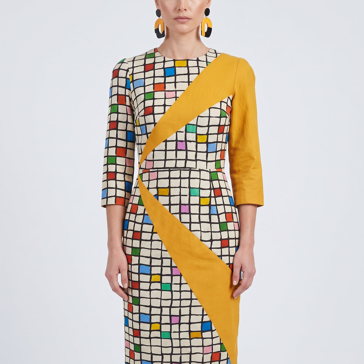 Graphic Grid Panel Sheath Dress