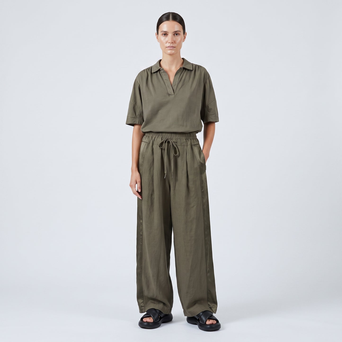 Olive Wide-Leg Satin Detail Trousers