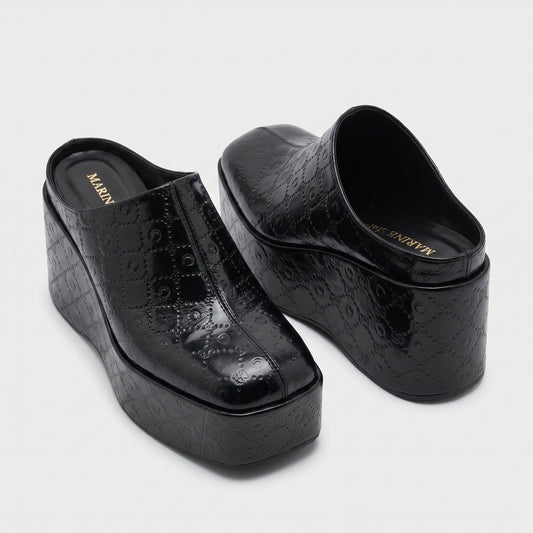 Embossed Platform Leather Mules