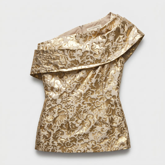 Metallic Gold Brocade One-Shoulder Top