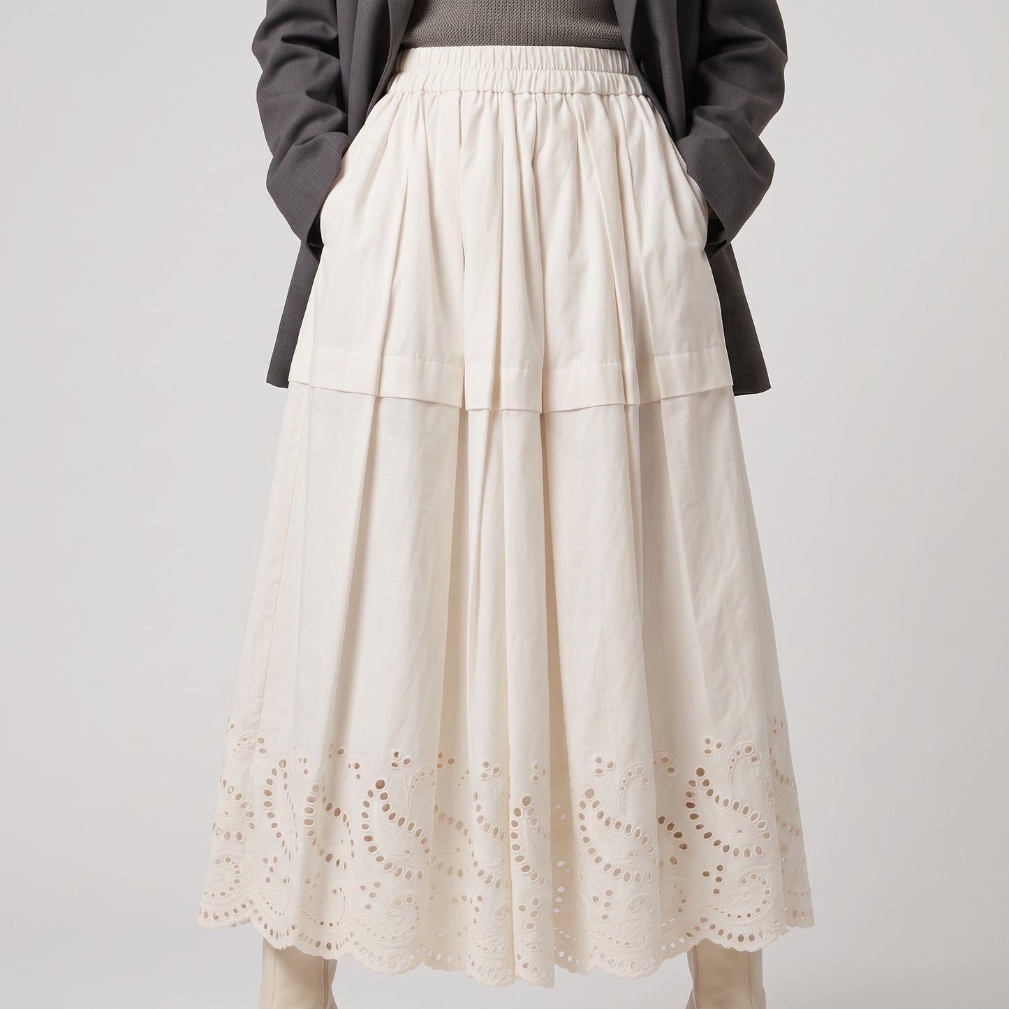 Pleated Embroidered Midi Skirt