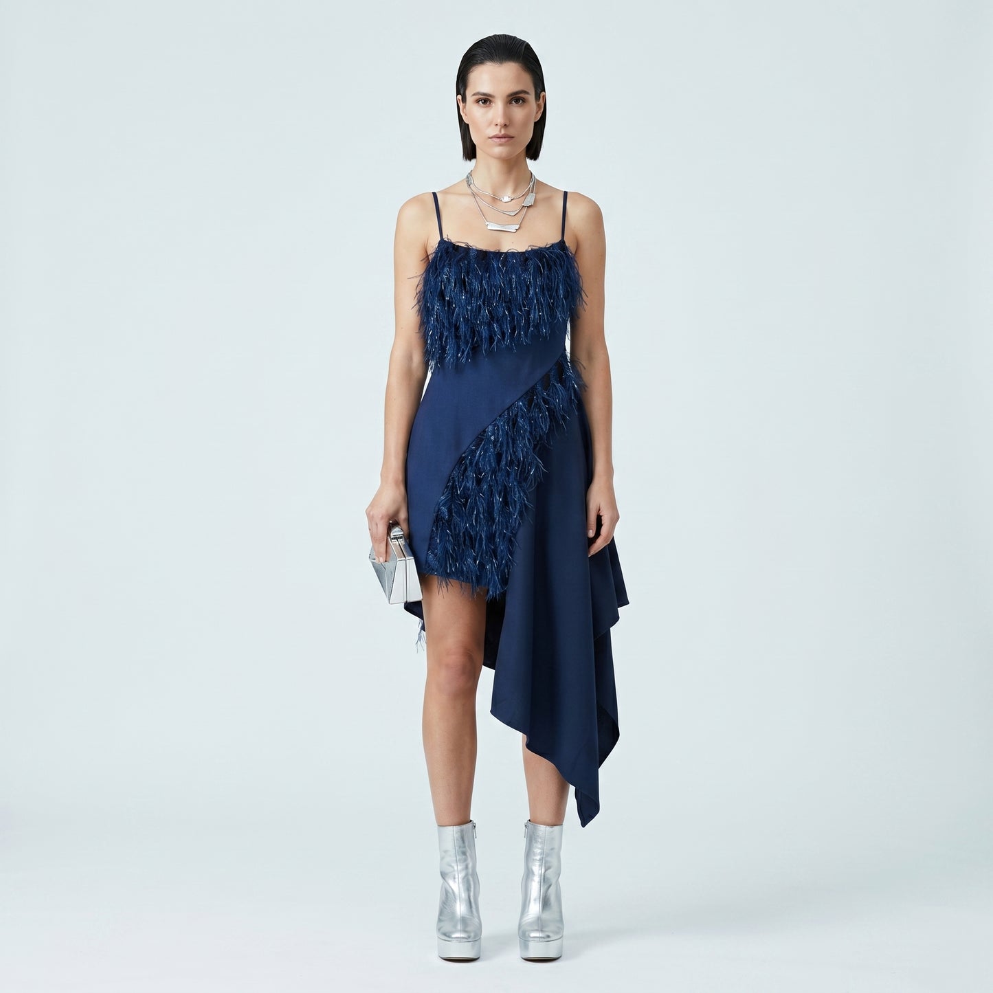 Asymmetrical Fringed Navy Slip Dress