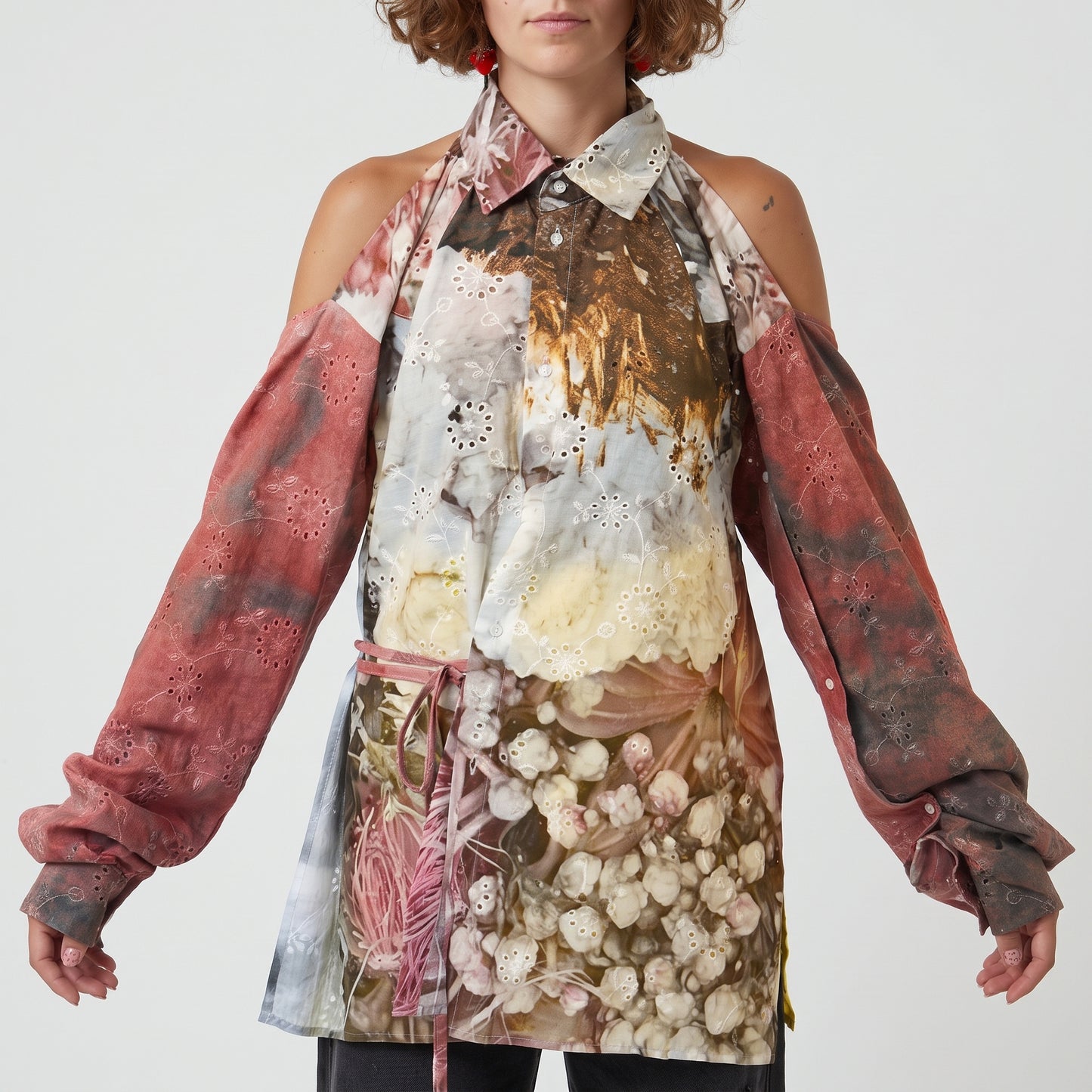 Floral Cold-Shoulder Eyelet Shirt
