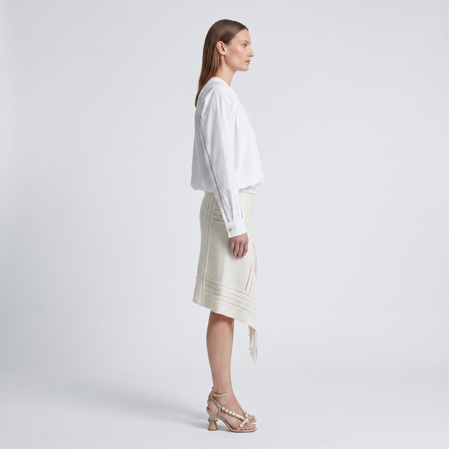 Pleated V-Neck Cotton Blouse