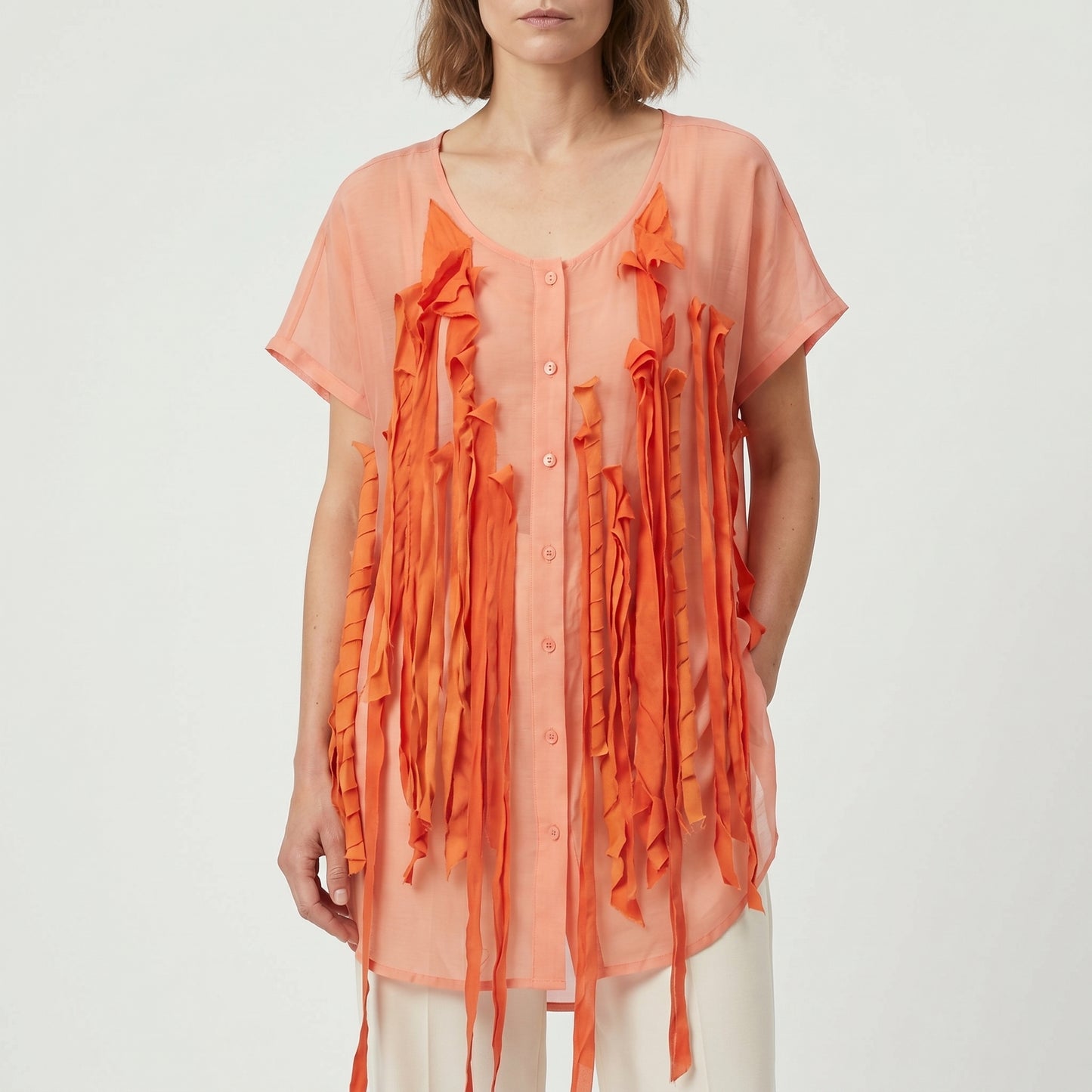 Orange Ribbon Fringed Sheer Top