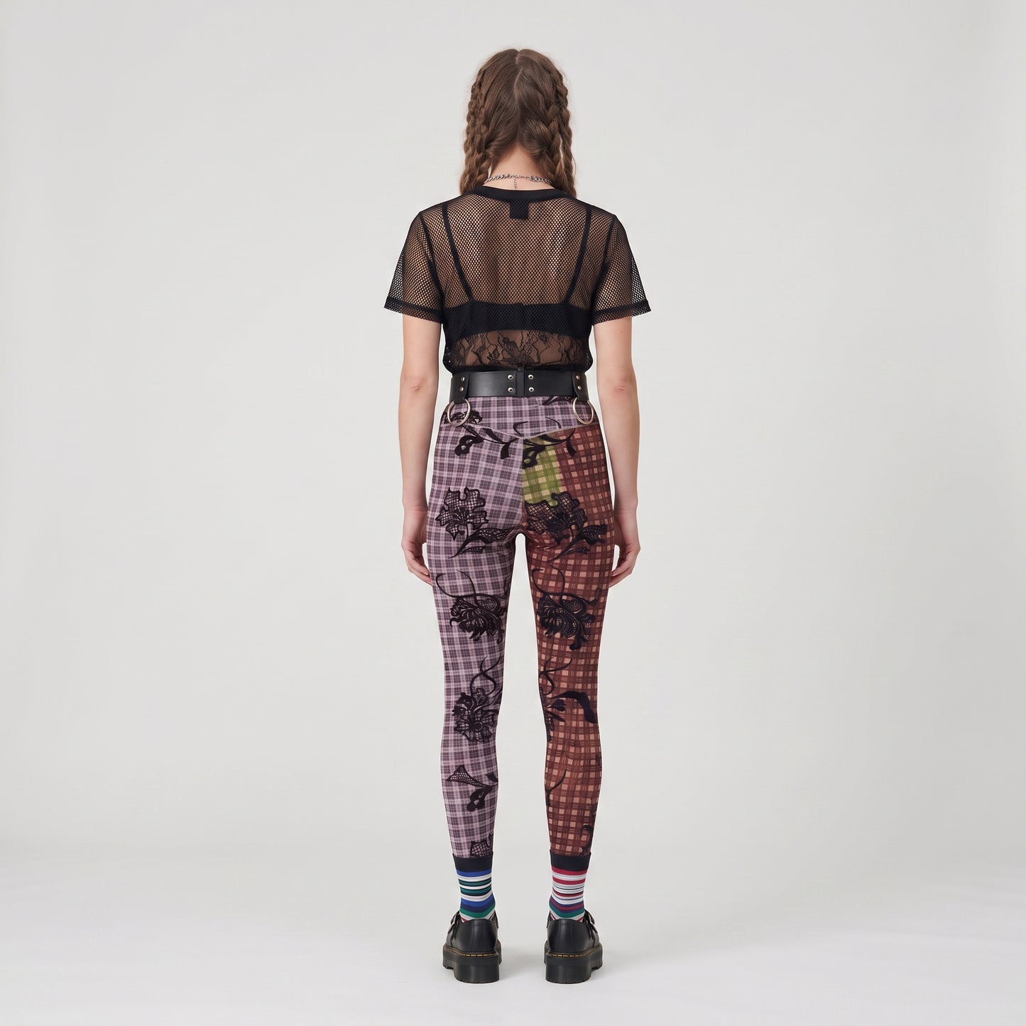 Paneled Floral Plaid Leggings