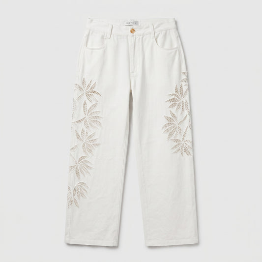 Floral Cutout White Denim Trousers