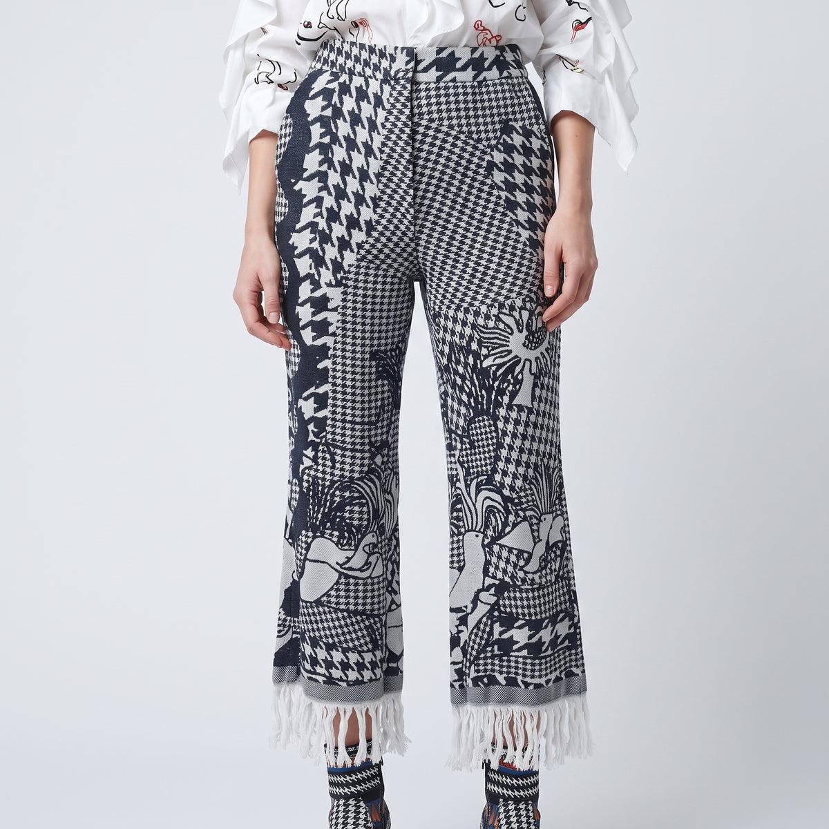 Graphic Patterned Fringed Trousers