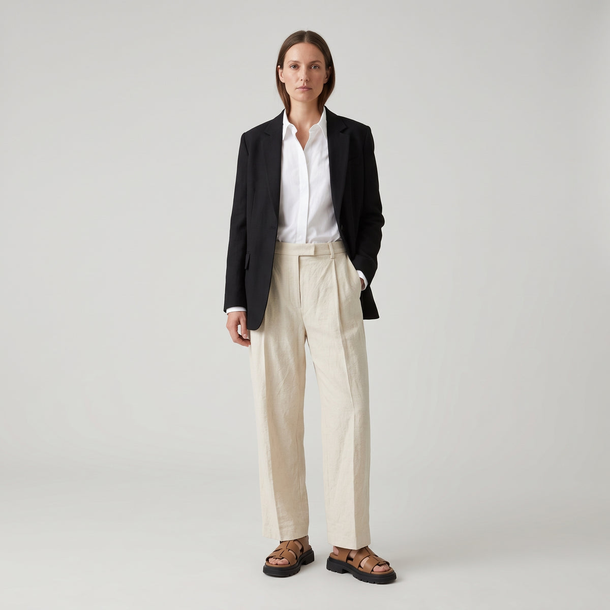 Pleated Cream Linen Trousers