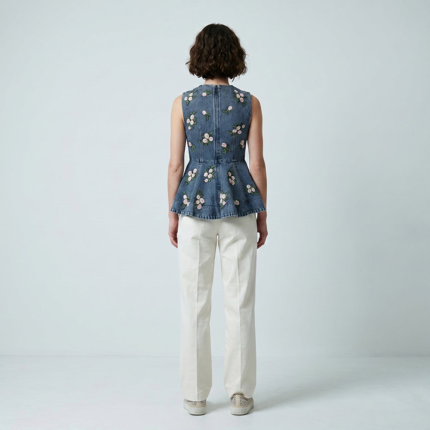 Embroidered Floral Denim Peplum Top
