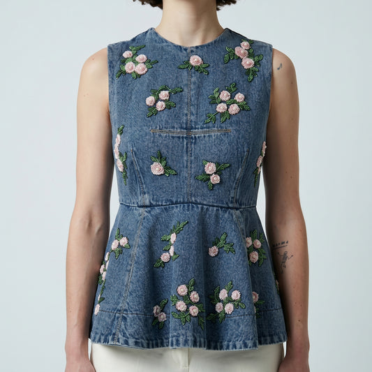 Embroidered Floral Denim Peplum Top