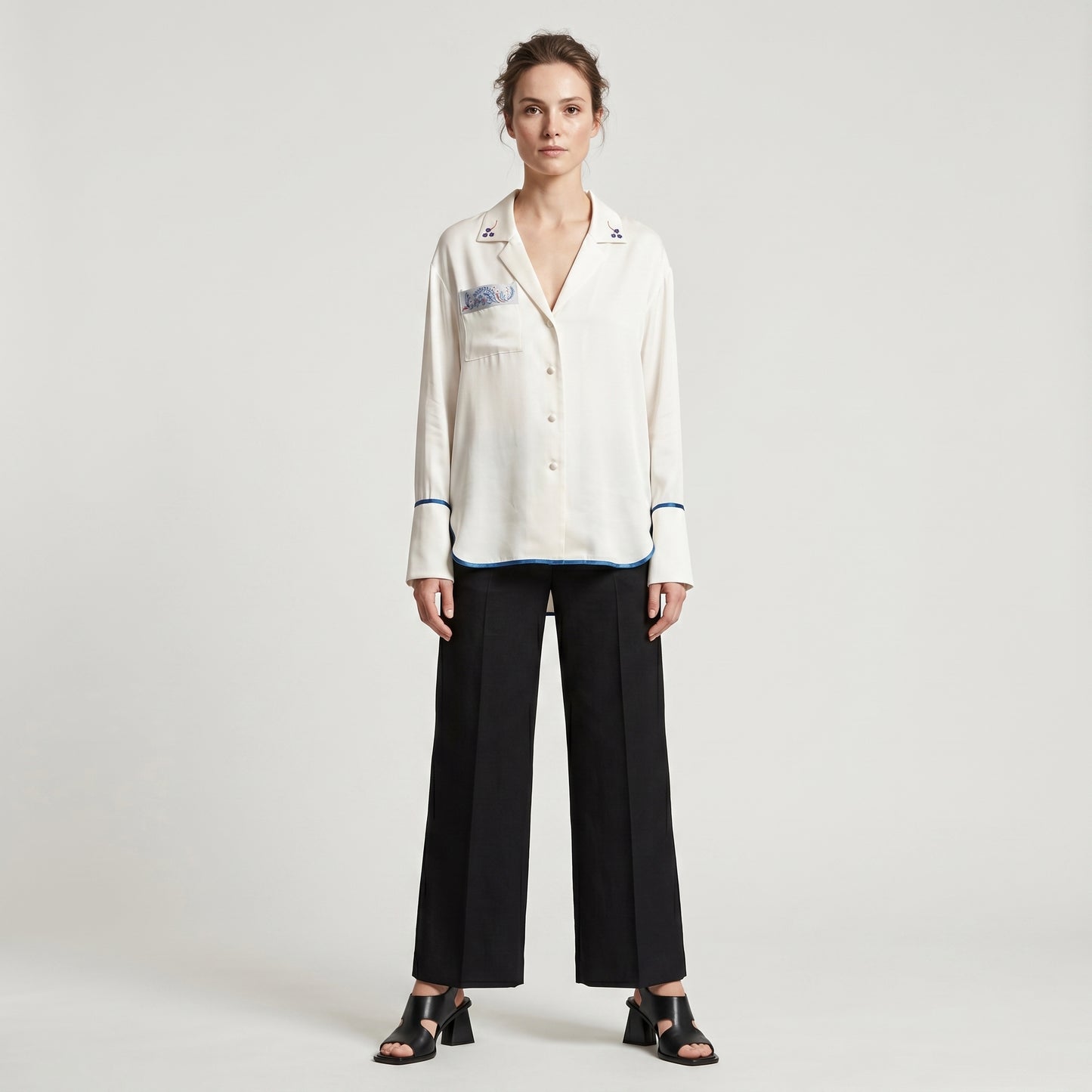 Embroidered Satin Pajama Shirt