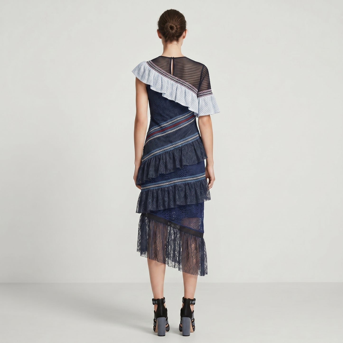 Asymmetric Ruffled Lace Midi Dress