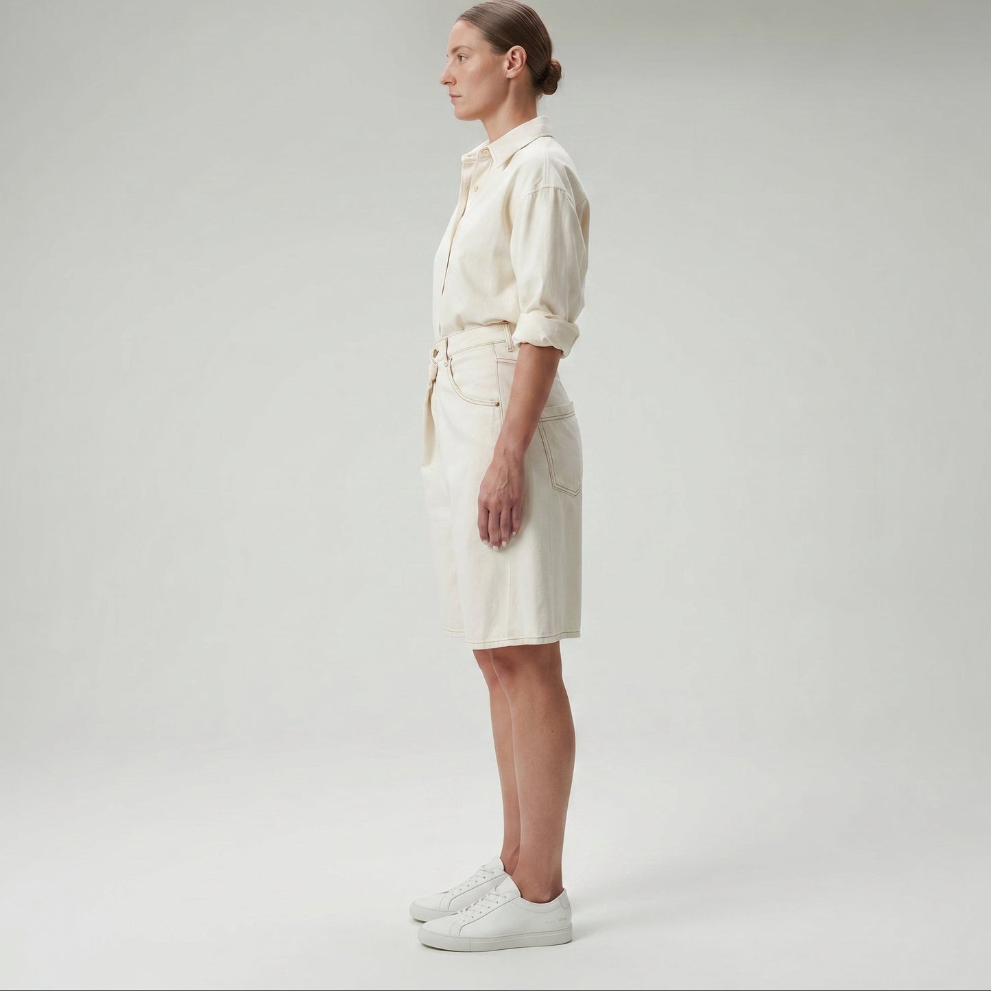 Asymmetric Off-White Denim Shorts