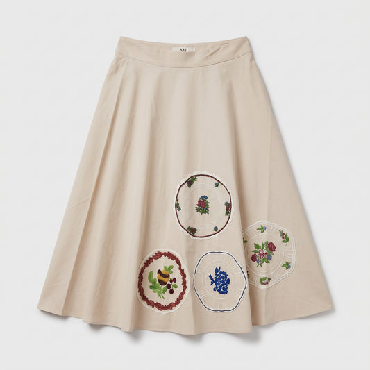 Embroidered Floral Beige Midi Skirt