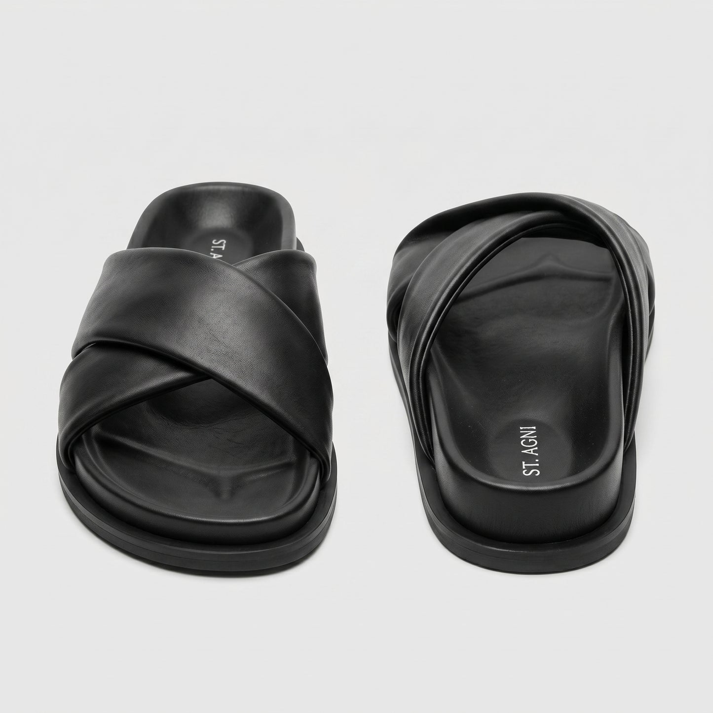Black Leather Crossover Slide Sandals