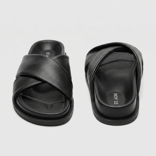 Black Leather Crossover Slide Sandals