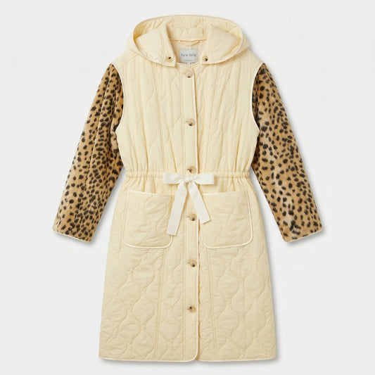 Quilted Leopard Sleeve Hooded Coat