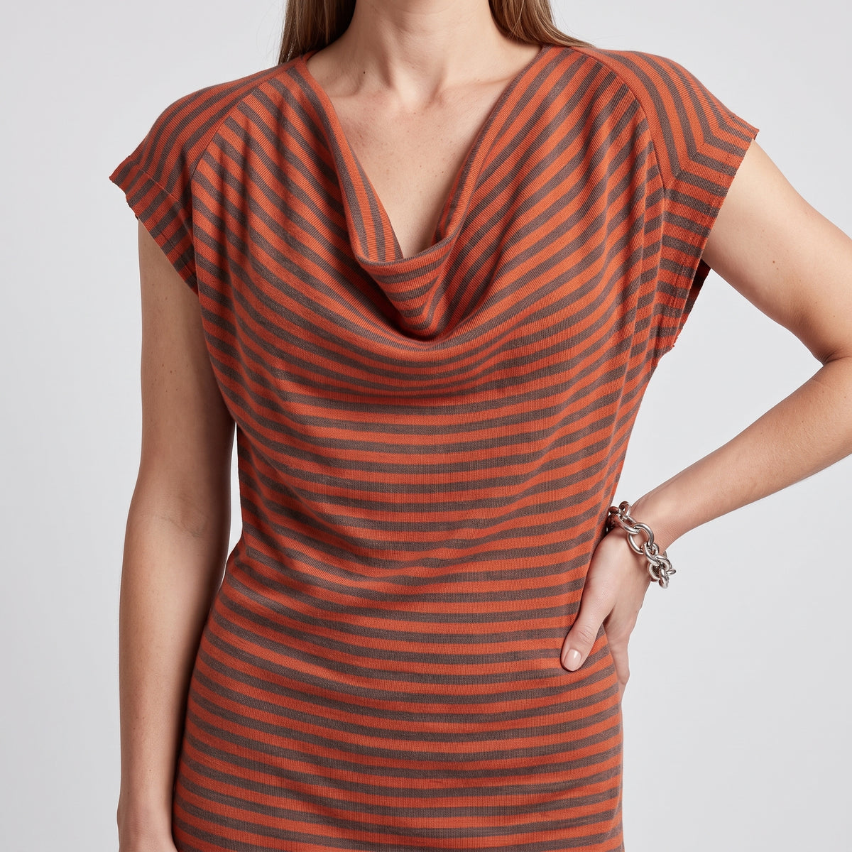 Striped Cowl Neck Jersey Dress