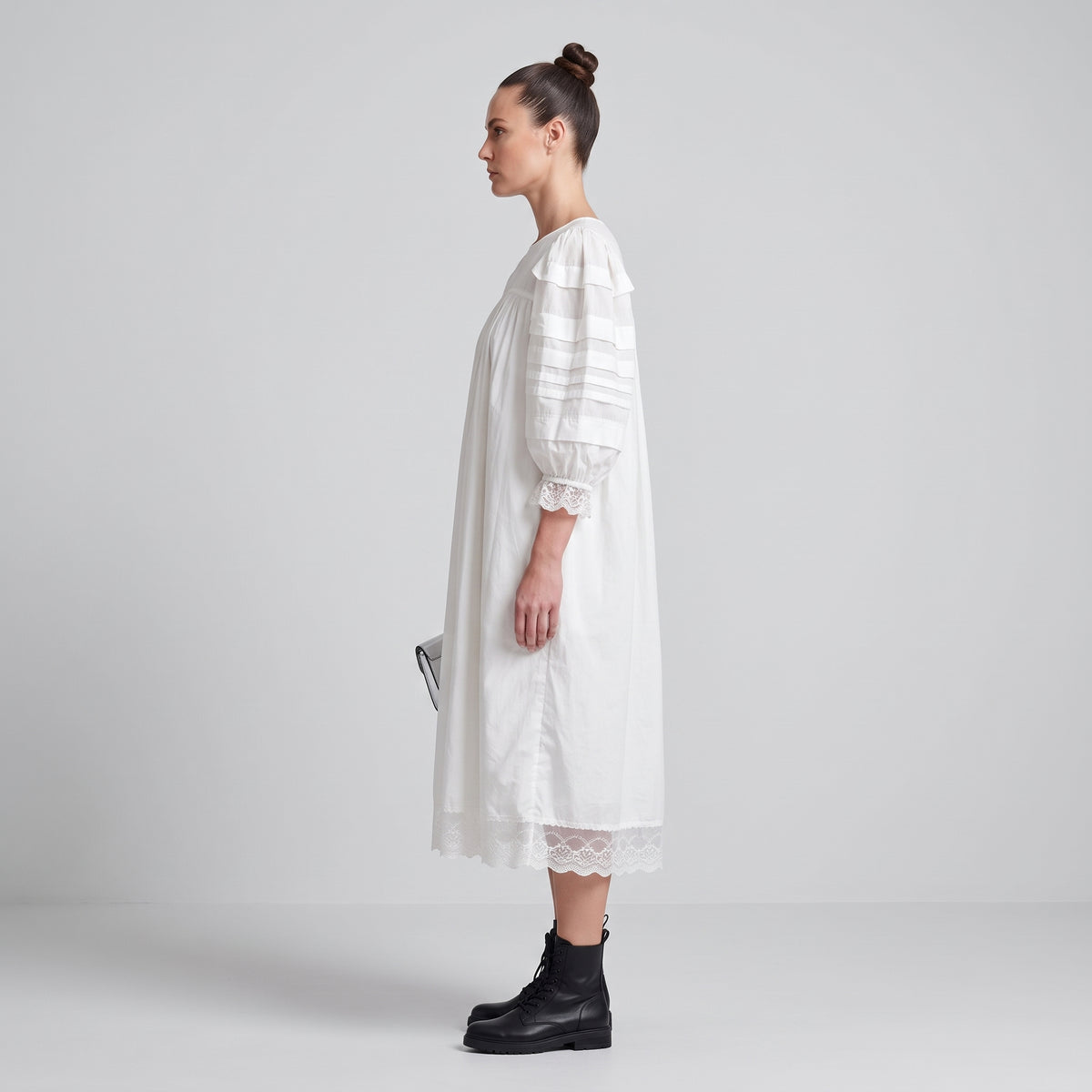 White Pleated Cotton Midi Dress