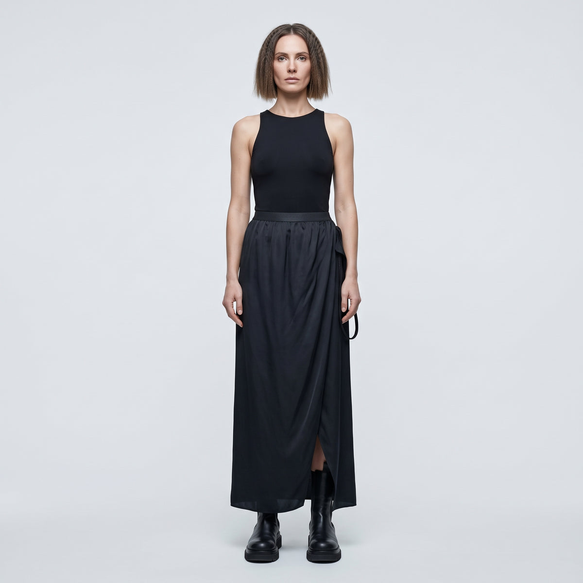 Sleek Black Satin Midi Skirt