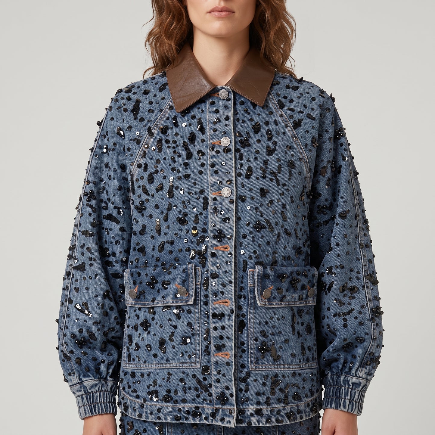 Embellished Denim Leather Collar Jacket