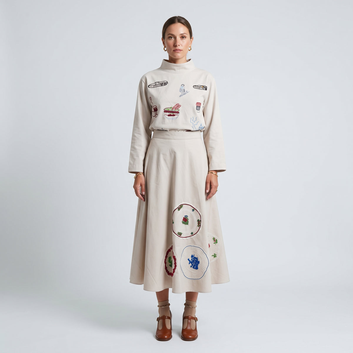 Embroidered Floral Beige Midi Skirt