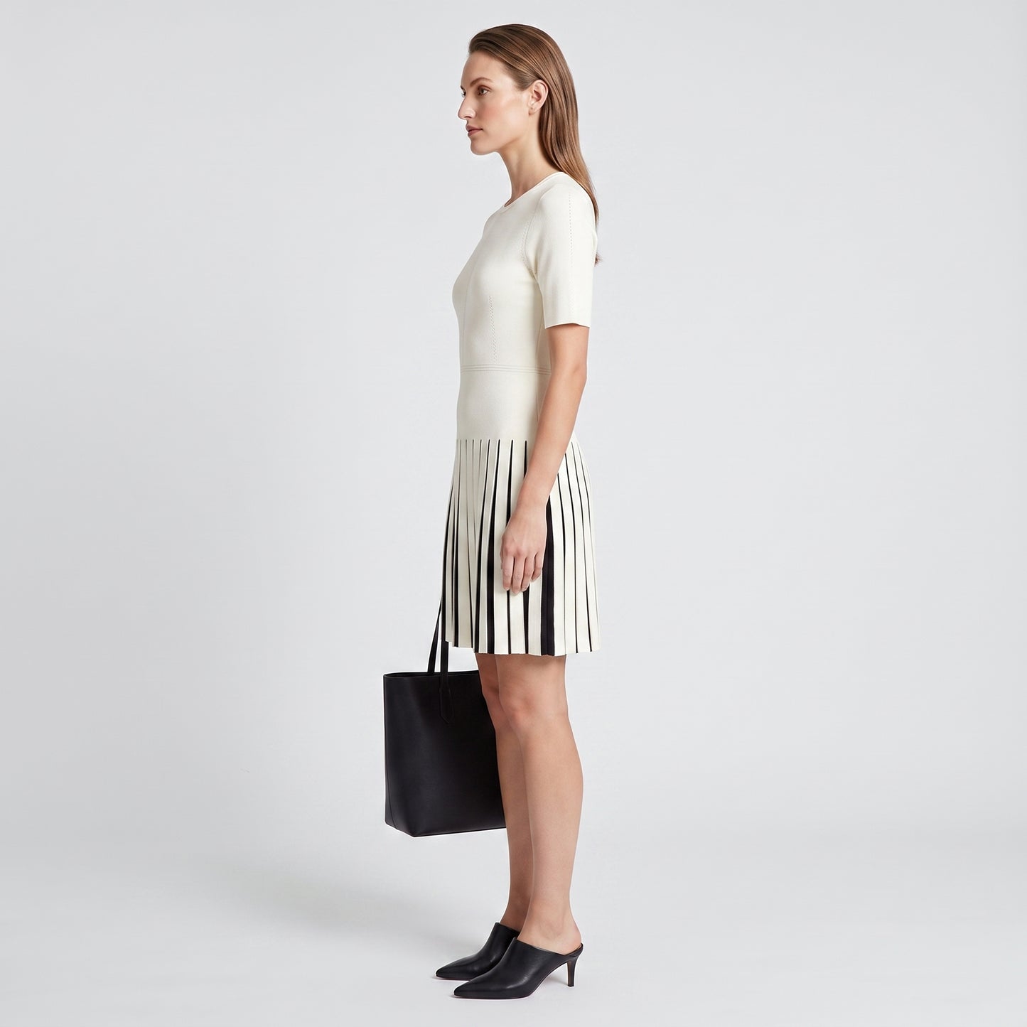 Pleated Contrast Knit Mini Dress
