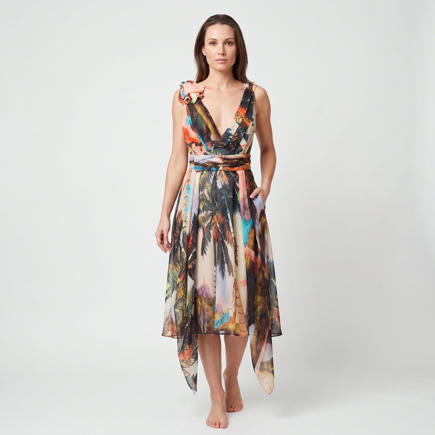 Floral Tropical Print Silk Dress