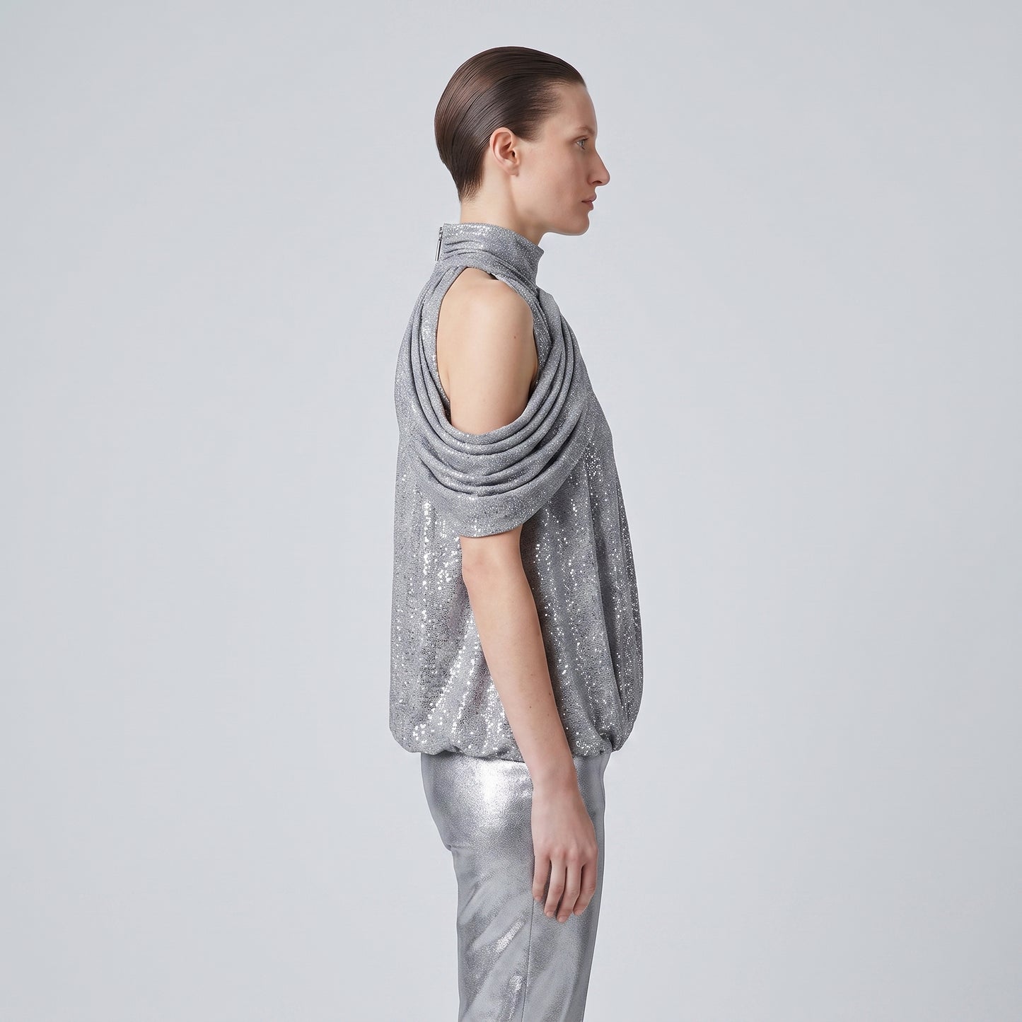 Metallic Draped Mock Neck Top