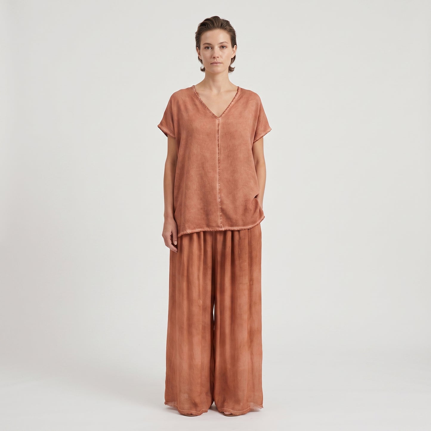 Terracotta Frayed V-Neck Top