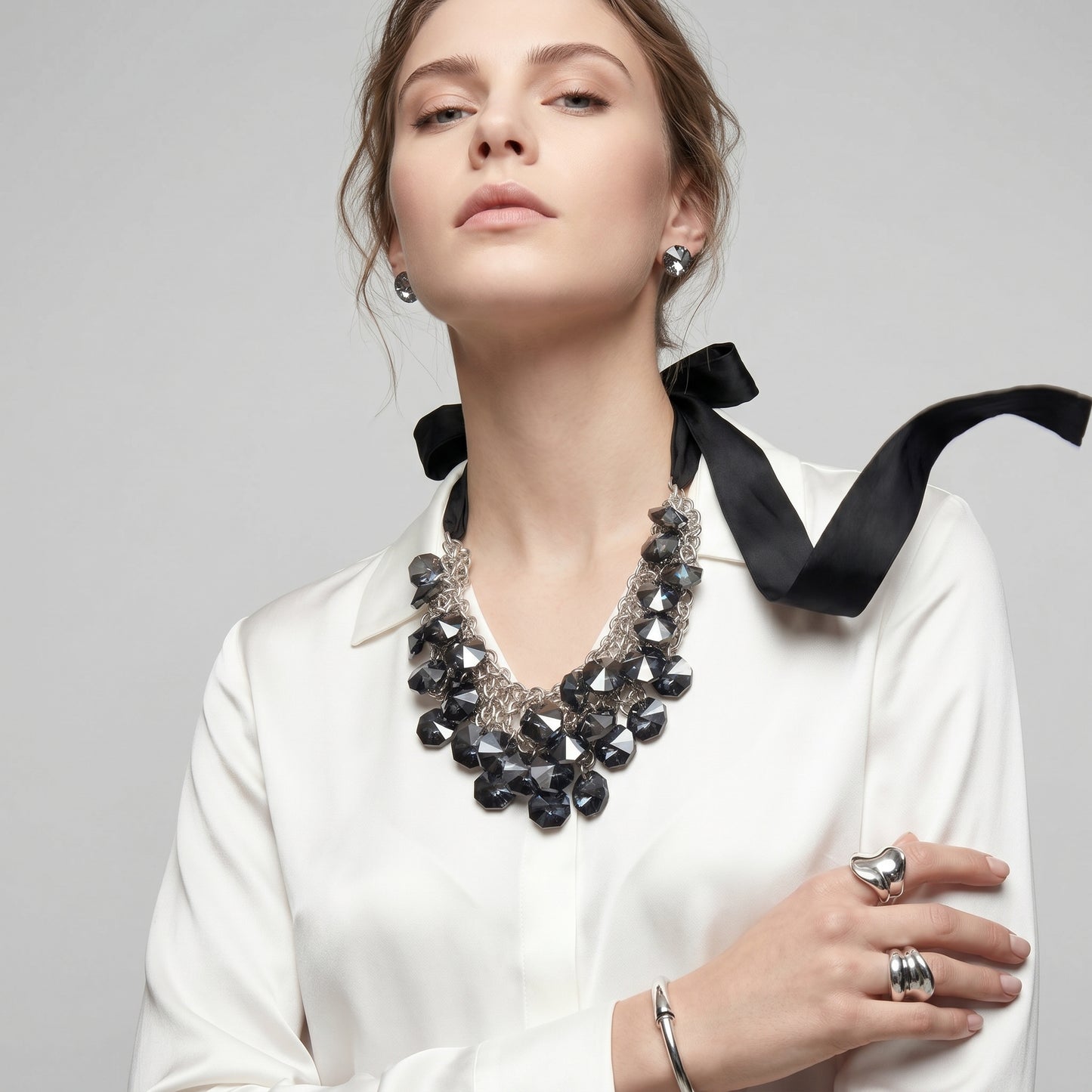 Crystal Cluster Ribbon Statement Necklace
